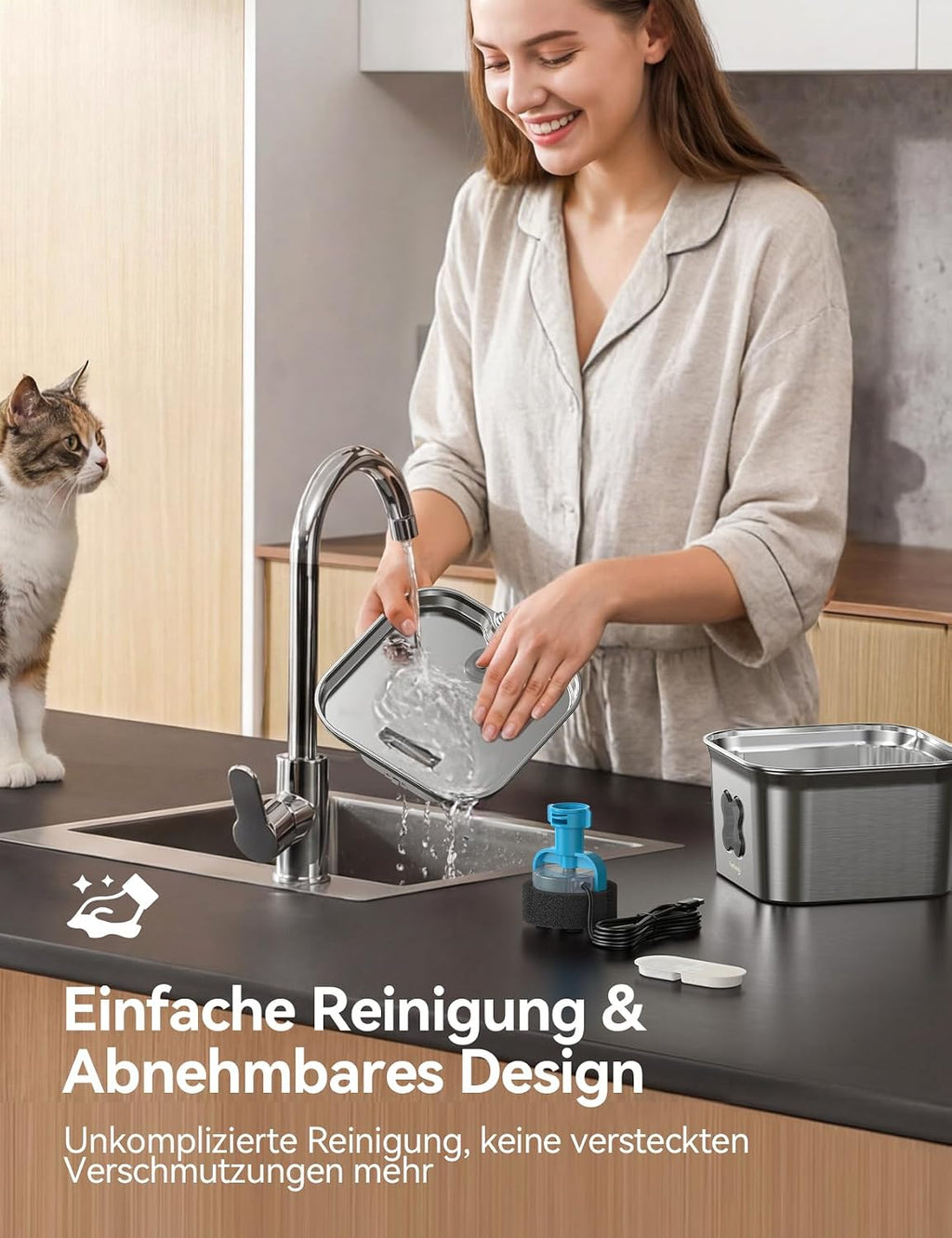 FEELNEEDY Katzenbrunnen Edelstahl 2,8L mit 4-fach Filter leise mit LED
