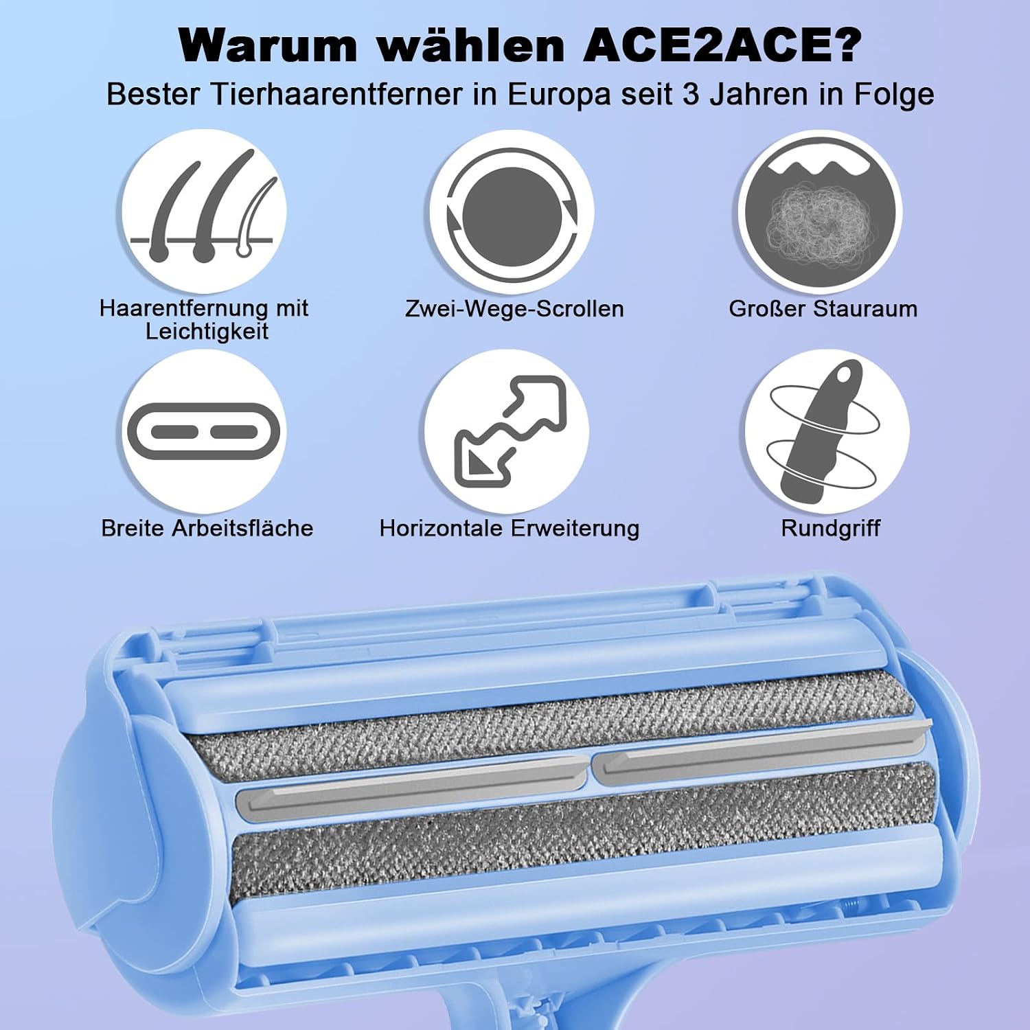 ACE2ACE Fusselrolle fuer Tierhaare von Hund und Katze auf Sofa, Bett und Teppich