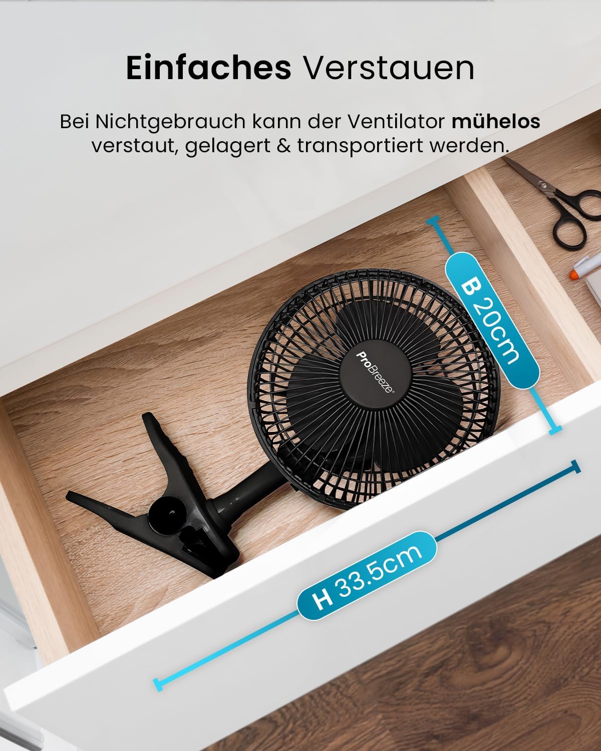Pro Breeze Tischventilator 20 cm mit Clip, 2 Geschwindigkeiten, leise