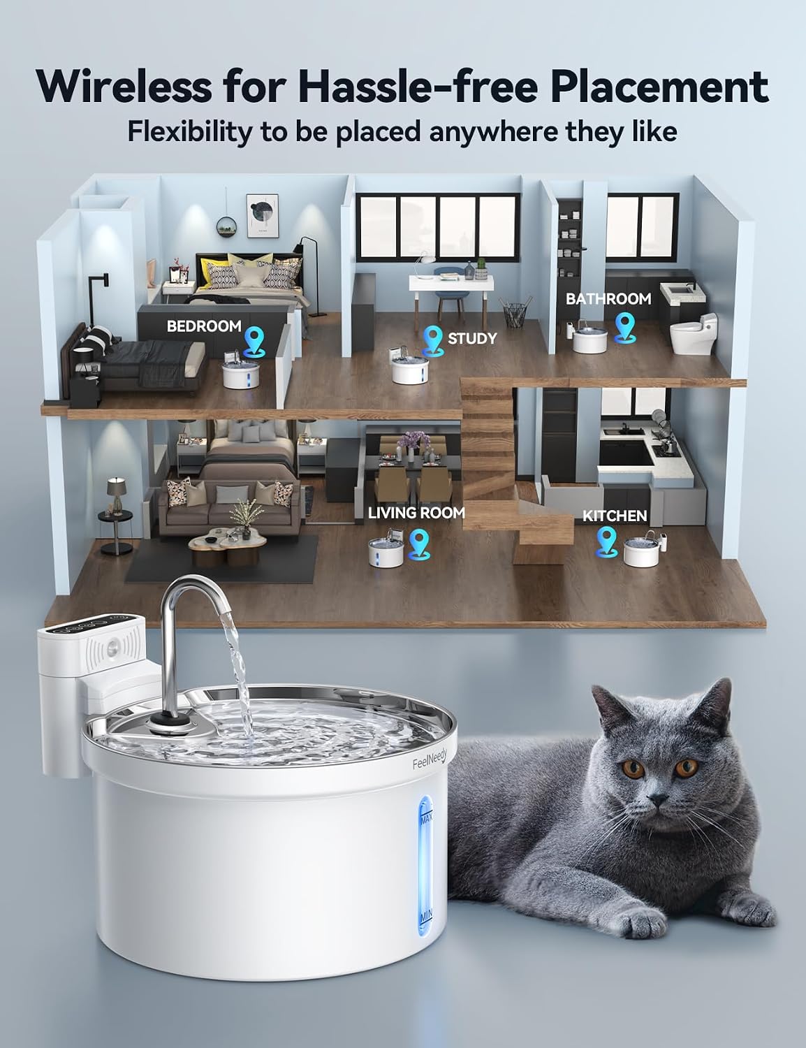 FEELNEEDY Katzenbrunnen Akku 4000mAh kabellos Edelstahl mit Sensor und 3 Fi