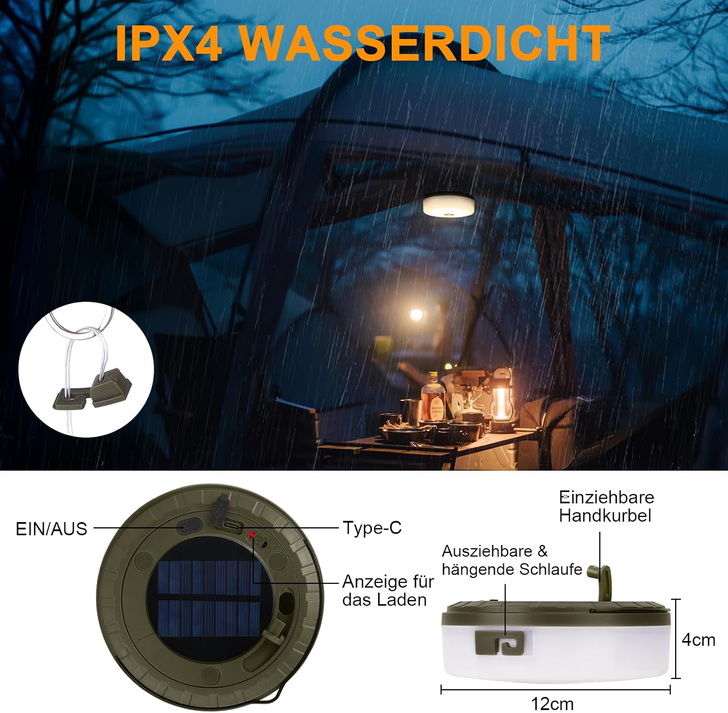 RISEMART Solar Lichterkette 10 m aufrollbar wasserdicht 5 Modi fuer Camping Hof