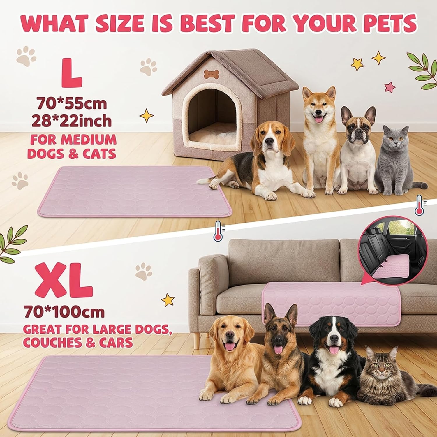 Qoosea Kuehlmatte fuer Hunde 50x40 cm grau, selbstkuehlend, faltbar, 4cm-100cm