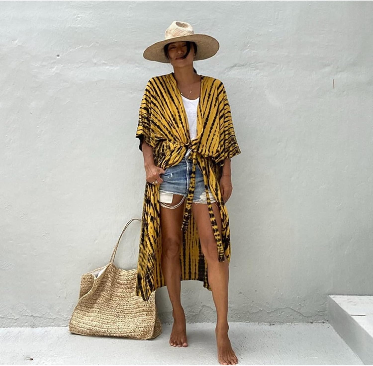 Long Beach Damen Maxi Strandkleid Kimono Cardigan offen Boho Blumen