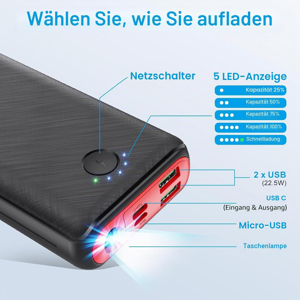 Powerbank 27000 mAh 22,5 W Power Delivery PD Schnellladung mit Taschenlampe