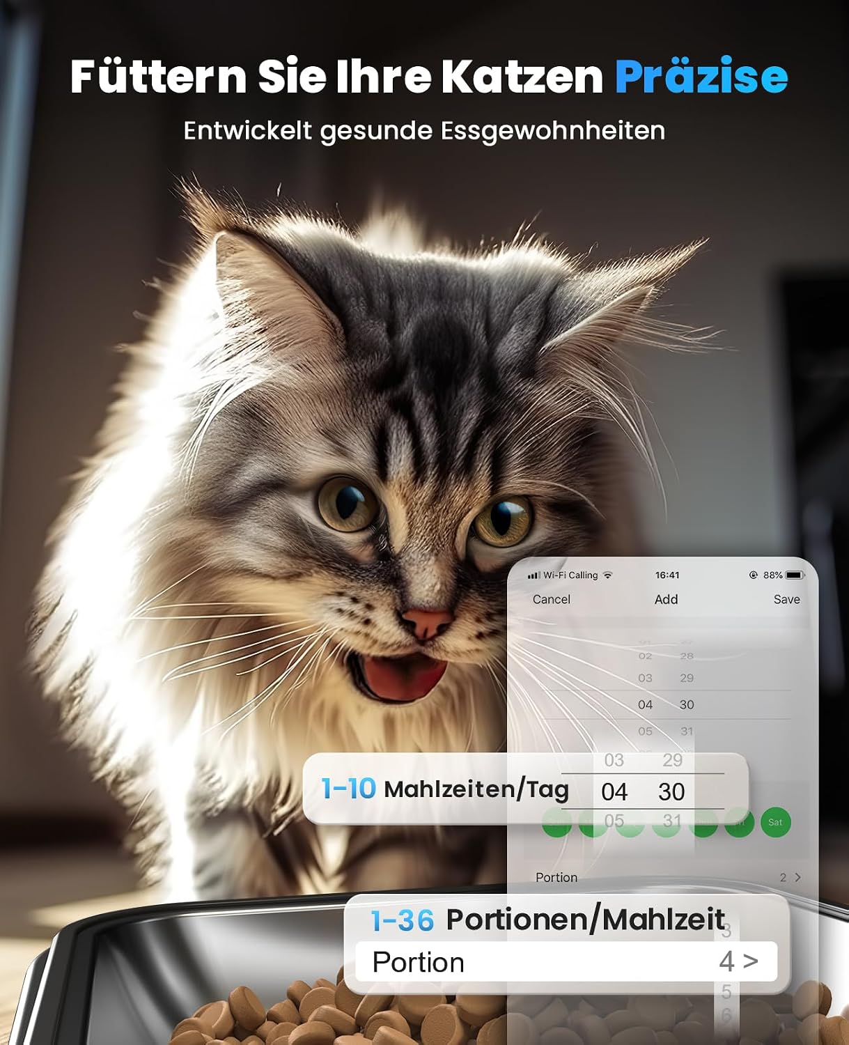 oneisall Futterautomat Katze mit 2 Naepfen WiFi App Steuerung Voice Recorder
