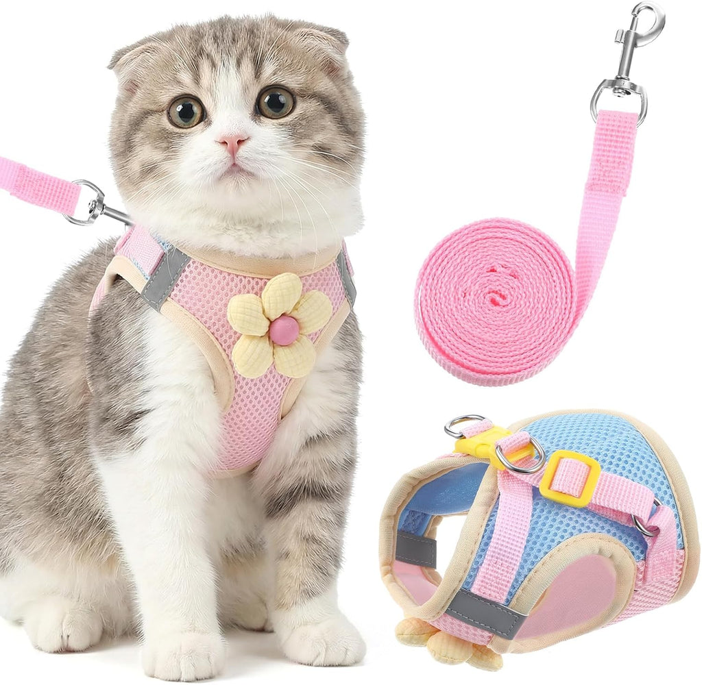 Katzen Geschirr mit Leine verstellbar rosa, weich, reflektierend, lang