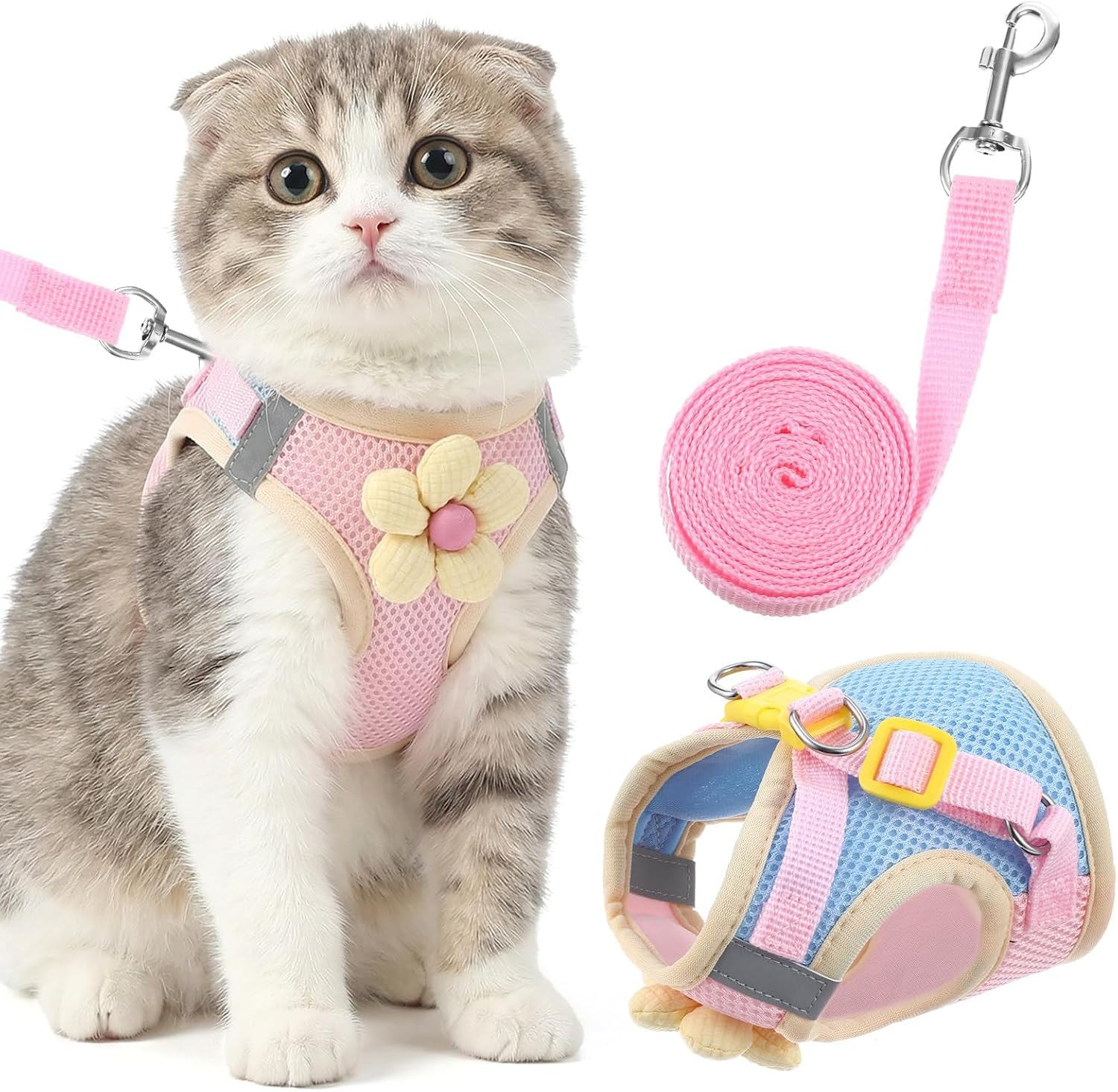 Katzen Geschirr mit Leine verstellbar rosa, weich, reflektierend, lang