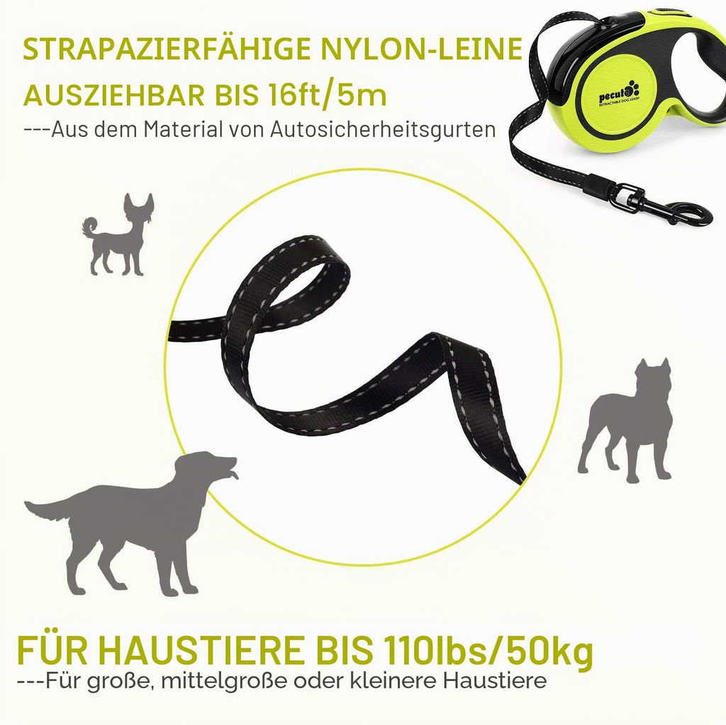 Pecute Rollleine 5m-8m 360° reflektierend Anti-Rutsch Griff Schnellstopp bis 50k