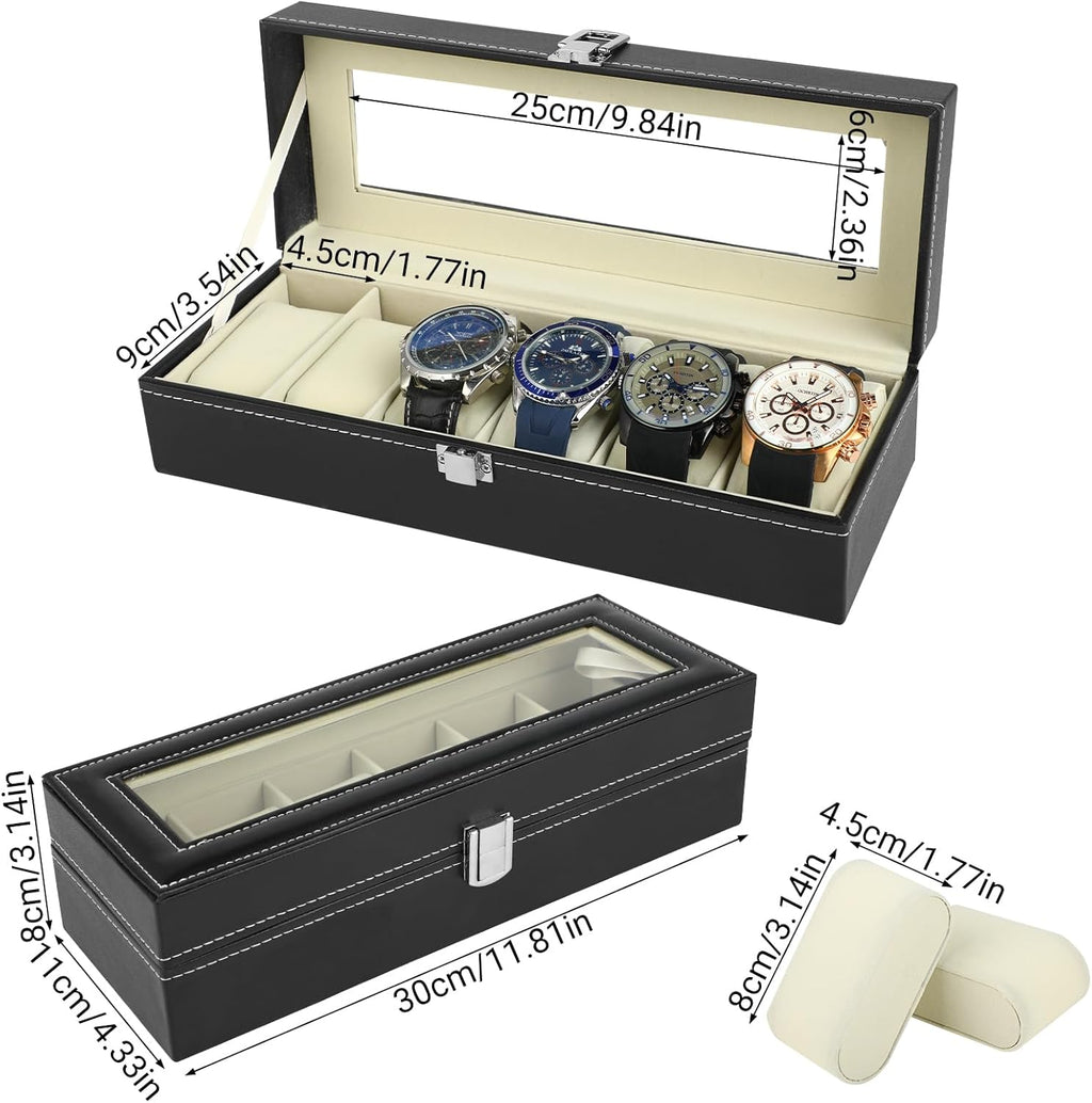 Uhrenbox 6 Faecher mit Glasdeckel und abnehmbaren Kissen Uhrenkasten