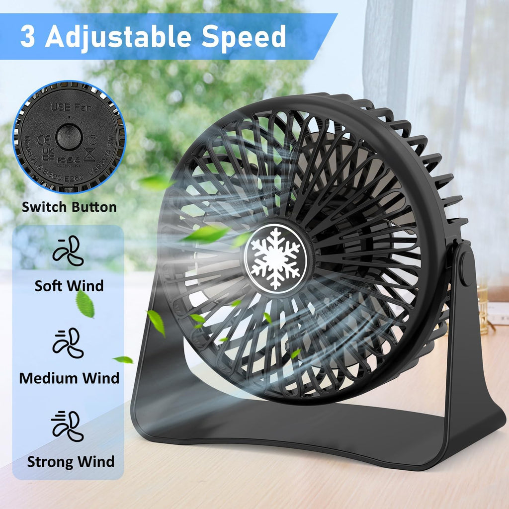 JATEKA Mini USB Tischventilator 3 Stufen 360° schwenkbar leise schwarz