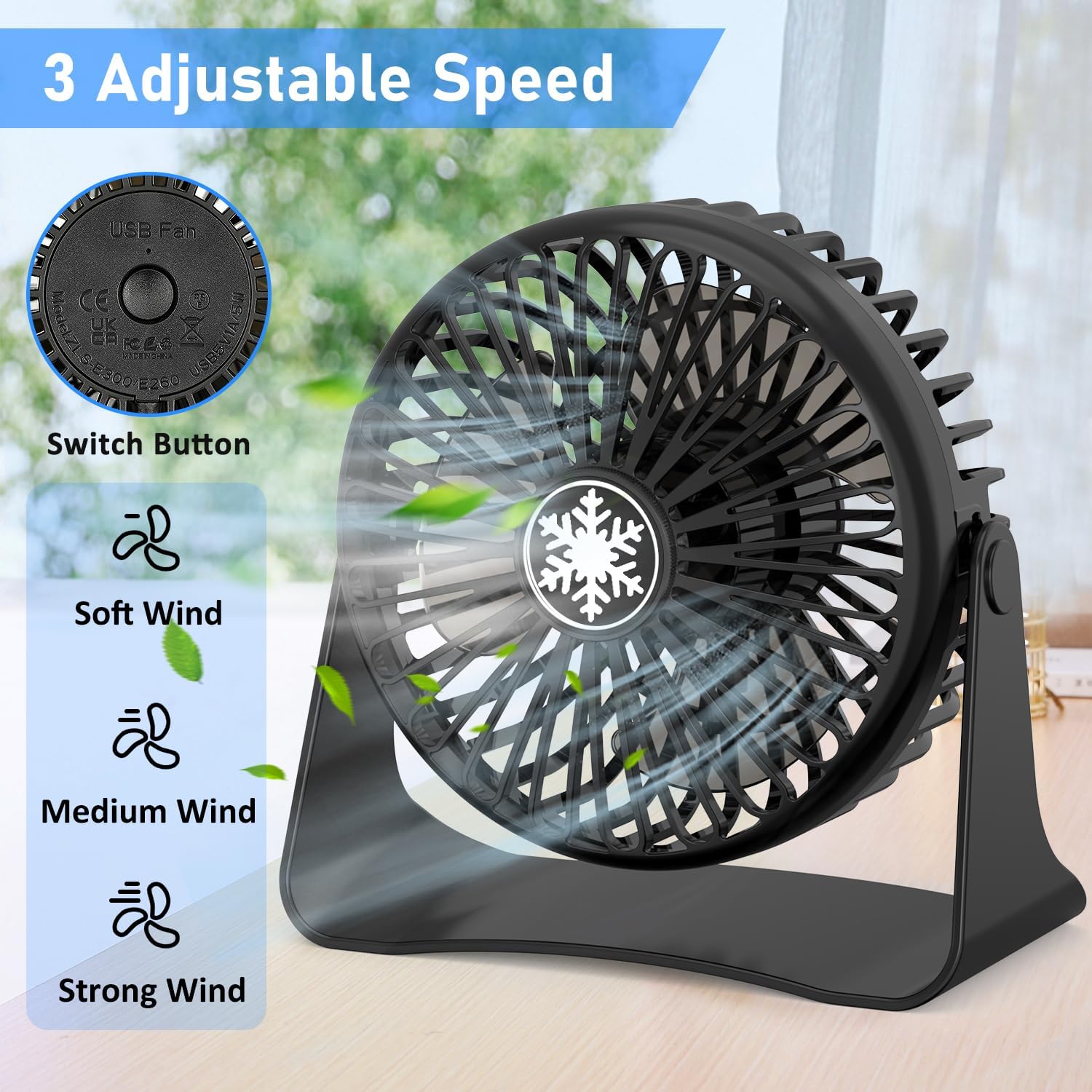 JATEKA Mini USB Tischventilator 3 Stufen 360° schwenkbar leise schwarz