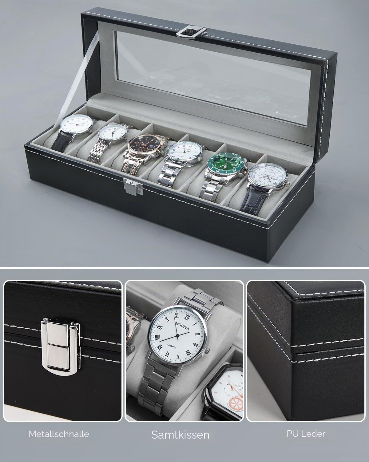 Ohuhu Uhrenbox 6 Faecher mit Glasdeckel Uhrenaufbewahrung