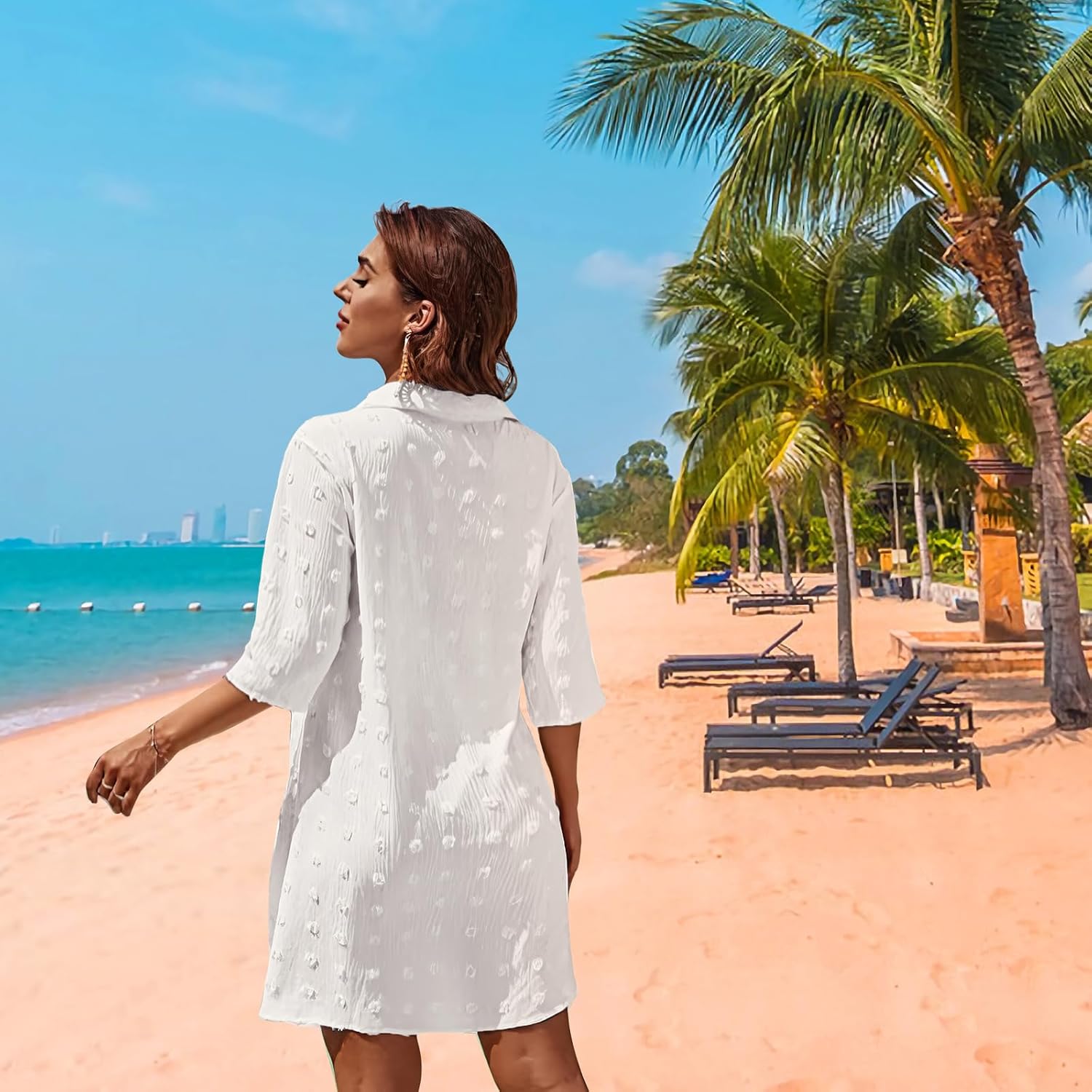 Strandkleid Damen V-Ausschnitt Baumwolle Cover-Up Strandtunika M-XL