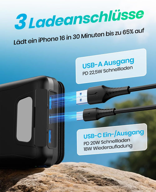 A ADDTOP Solar Powerbank 20000mAh 22,5W USB-C Eing./Ausg. 2xUSB-A Schwarz