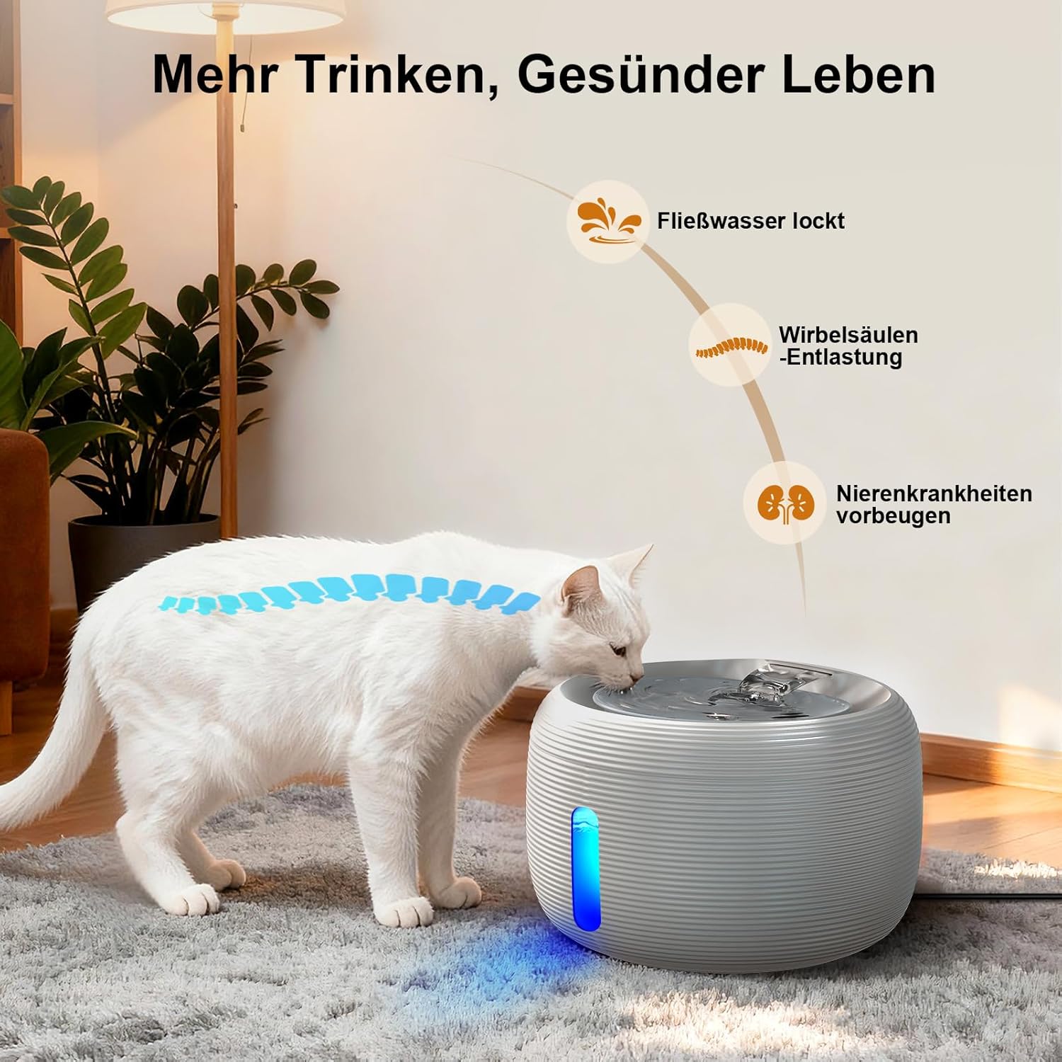 SIBAYS Katzen Trinkbrunnen mit leisem 25 dB Pumpenmotor, LED, Aktivkohlefi