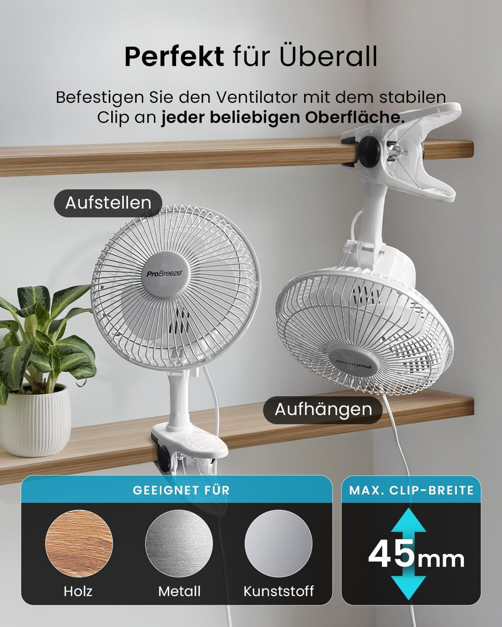 Pro Breeze Mini Clipventilator 20 cm, 2 Stufen, leise Tischventilator fuer Schrei