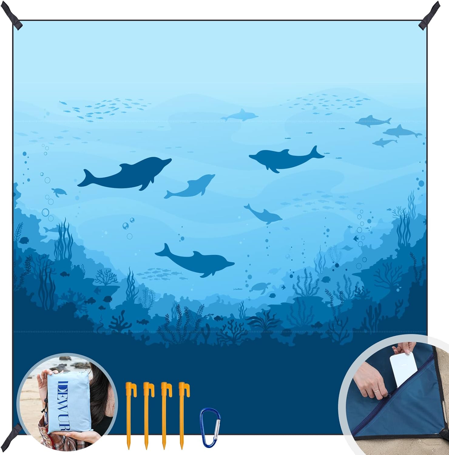 DEWUR Stranddecke sandfrei XXL 210x200 cm wasserdicht Picknickdecke Sea Fish