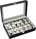 Uhrenbox fuer 12 Uhren mit Glasdeckel, PU-Leder, Samtinnenfutter