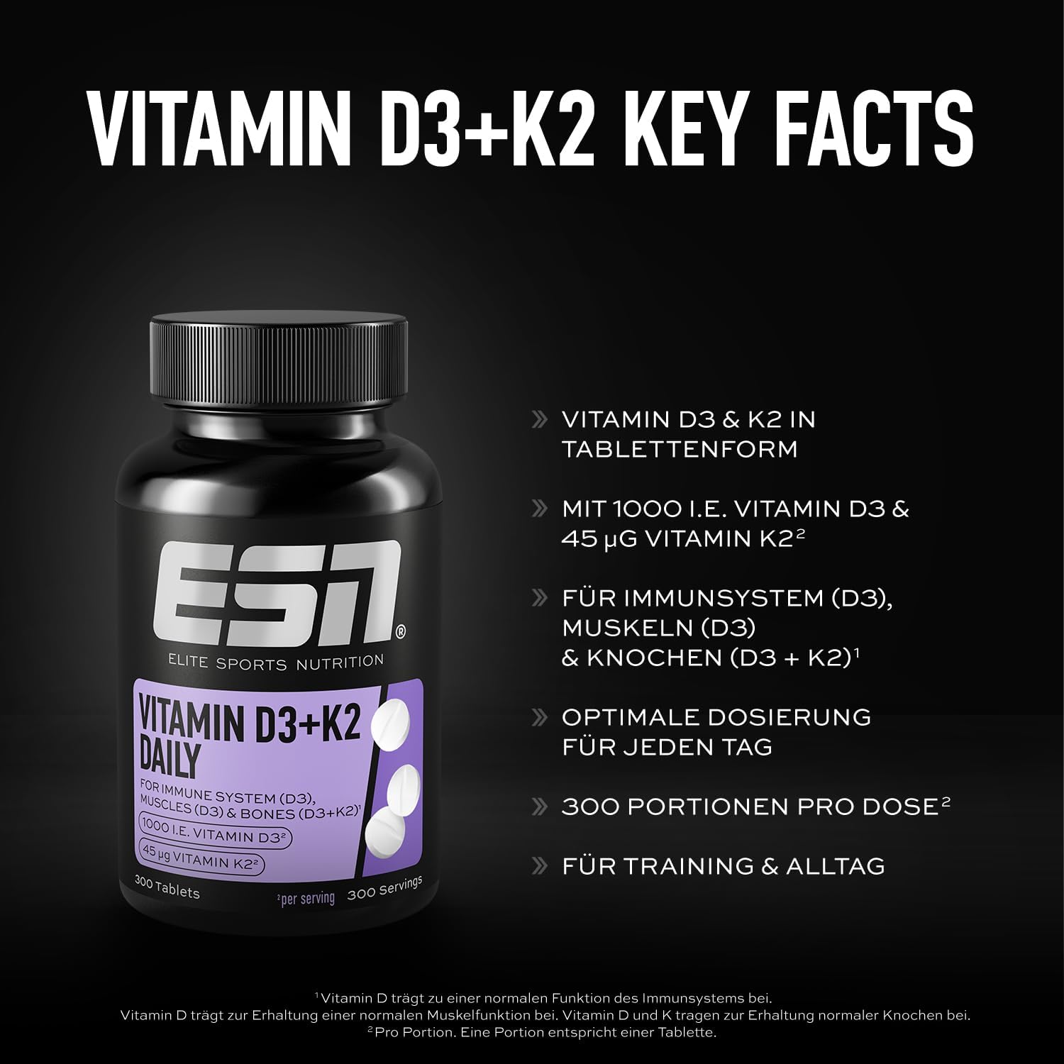 ESN Vitamin D3 K2 Tabletten 300 St. hochdosiert fuer Immunsystem Knochen