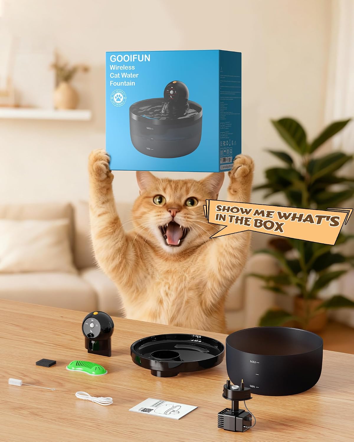 Katzen Trinkbrunnen kabellos mit Sensor Akku, 6 Kohlefilter + 3 Schwaemme, Schwar