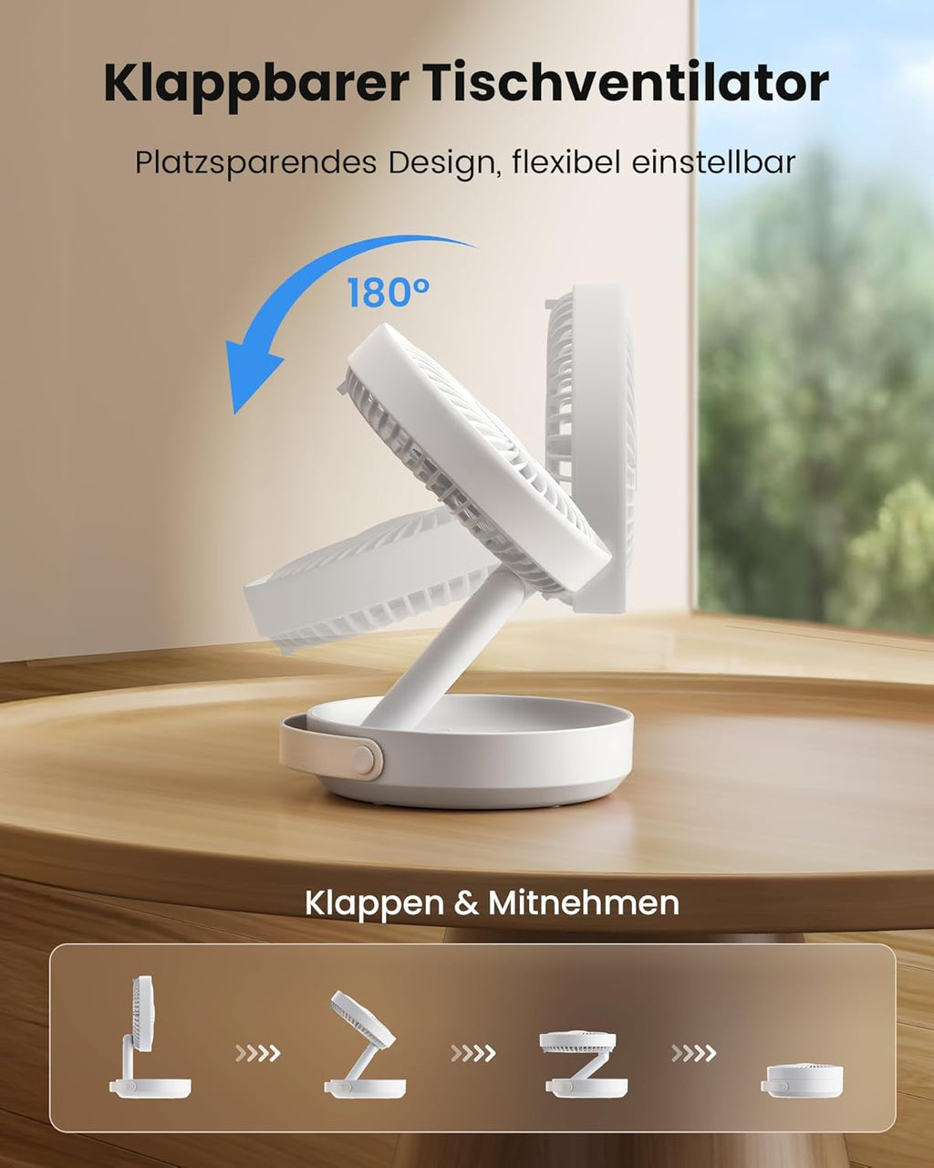 Gaiatop 17 cm Faltbarer Tischventilator 6000 mAh Akku USB leise mit Nachtlicht