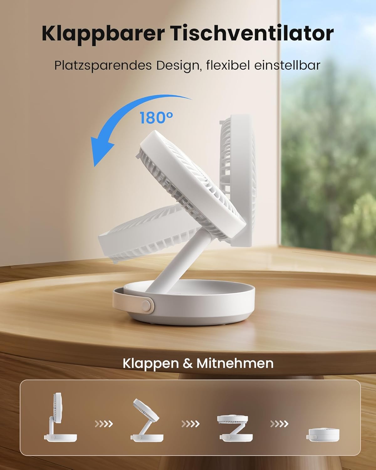 Gaiatop 17 cm Faltbarer Tischventilator 6000 mAh Akku USB leise mit Nachtlicht