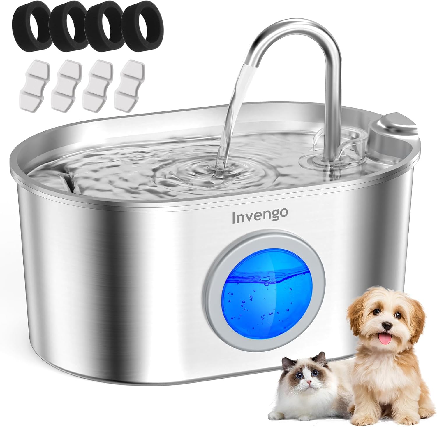 Invengo Katzenbrunnen Edelstahl leiser Trinkbrunnen mit Wasserstandsanzeig