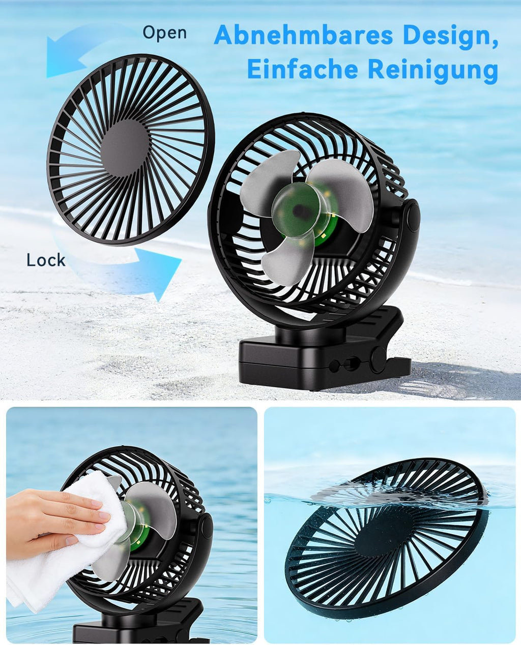 USB Tischventilator mit 12000mAh Akku, Clip, Fernbedienung, Licht, Timer, 360°
