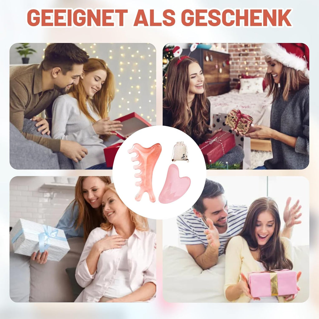 Gua Sha Set 3-teilig Gesichtsmassage Schaber Kamm fuer Augen Kiefer Kopf Pink