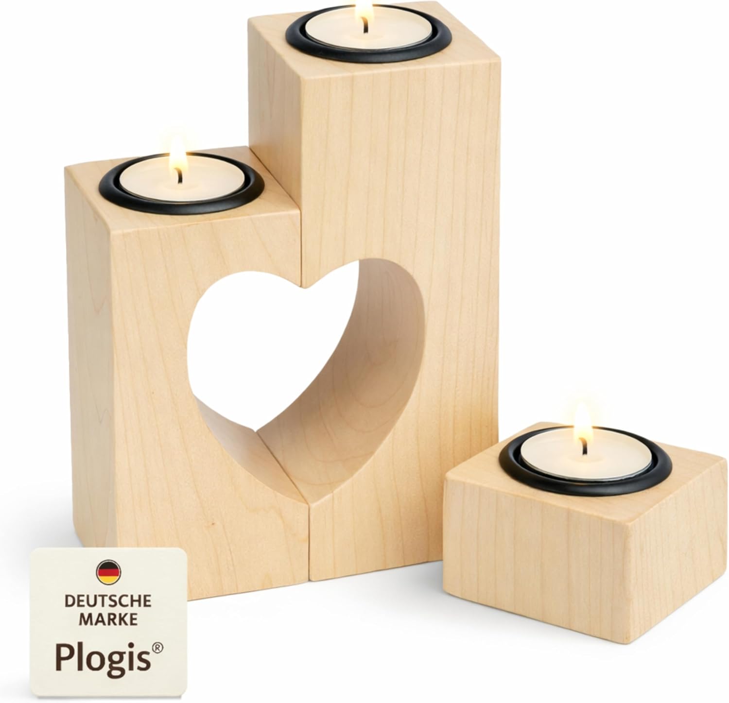 Teelichthalter Herz 3er Set aus Akazienholz 15 cm Valentinstag Geschenk