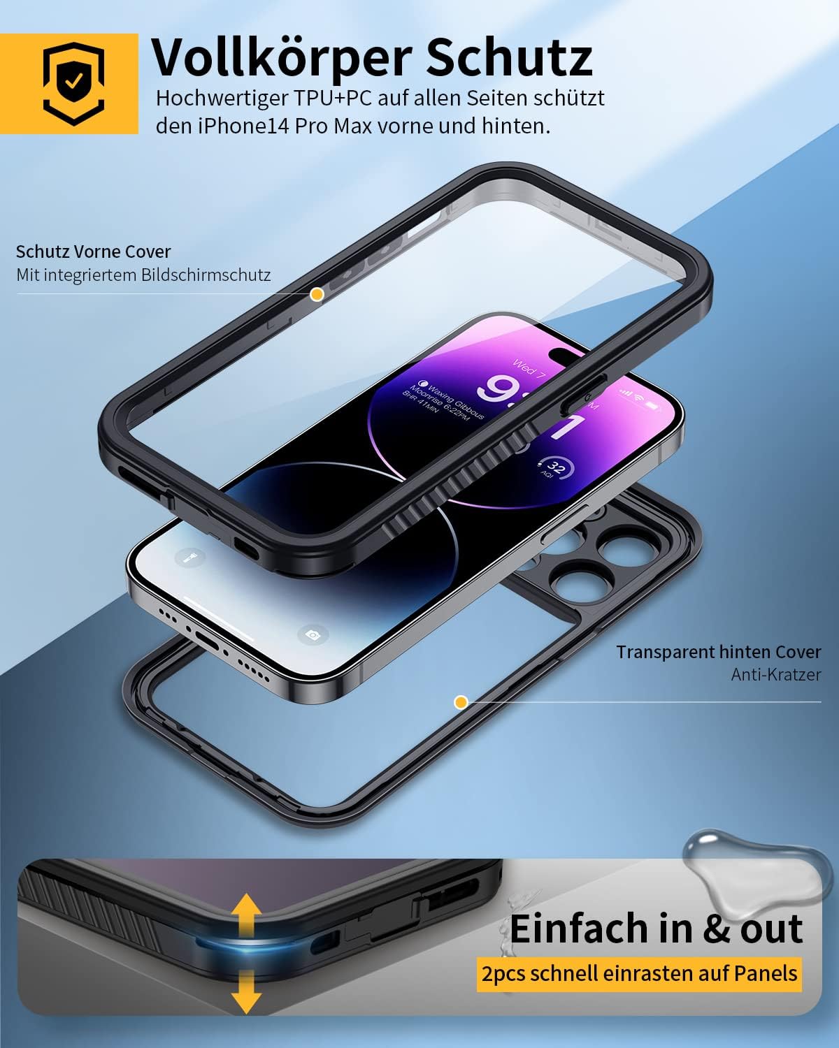 Lanhiem iPhone 15 Huelle IP68 Wasserdicht 360° Ganzkoerper Schutz Stossfest Schwarz