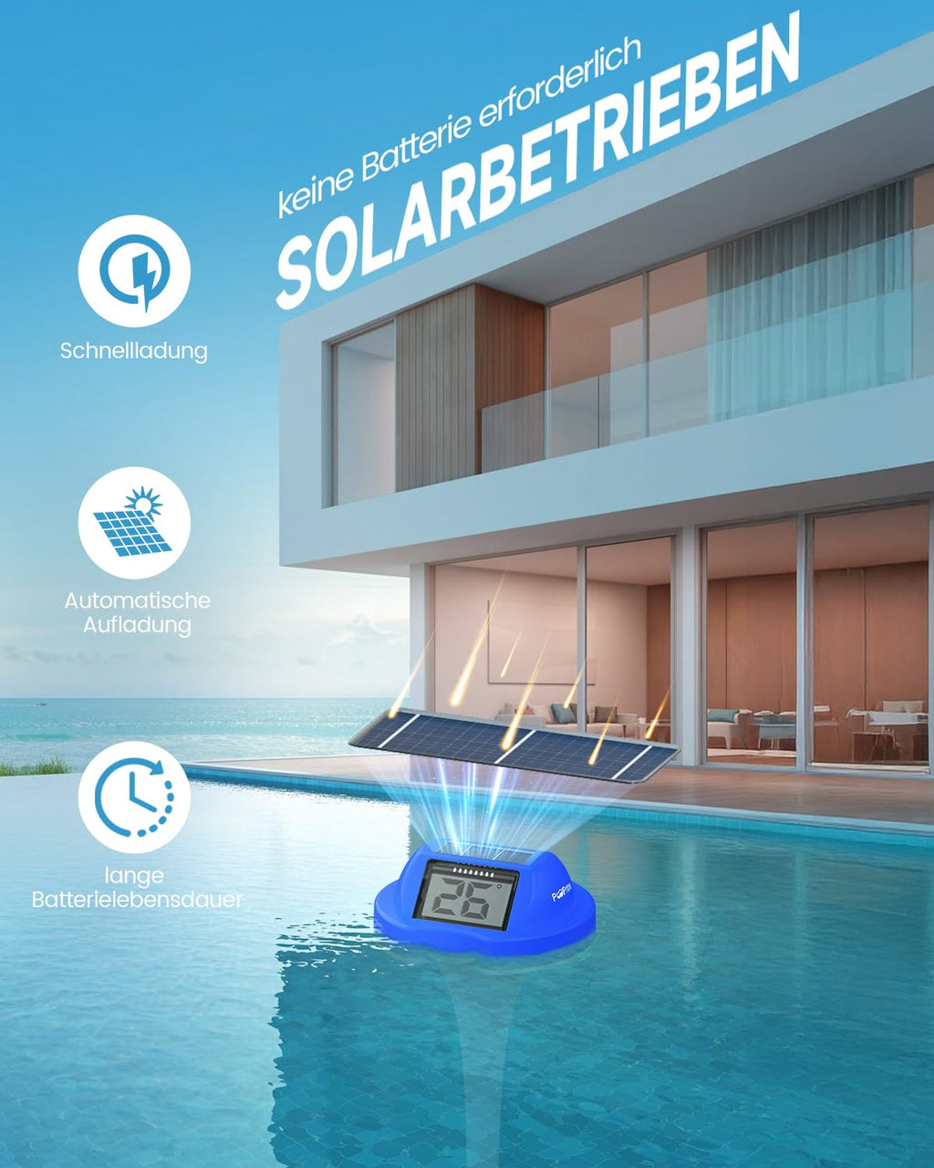 Poolthermometer schwimmend mit Doppelanzeige, digitale Temperaturanzeige IPX7