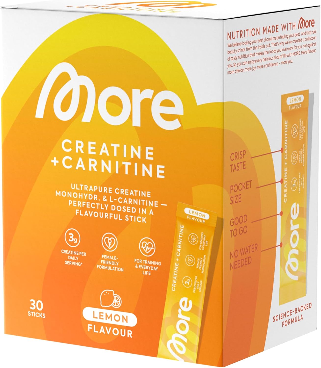 MORE Creatin + Carnitin Sticks 30 x 5 g Zitrone Creatin Monohydrat 3,5 g L‑Carni