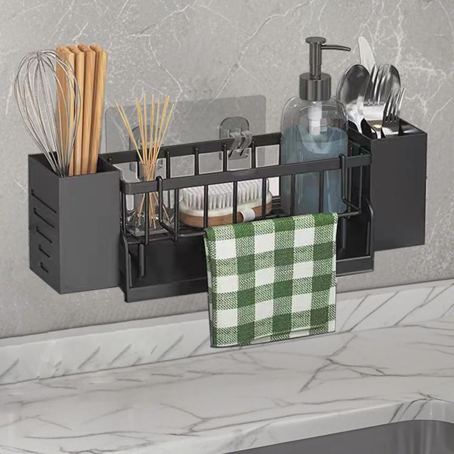 Haengender Spuelbecken Organizer schwarz Schwammhalter Spueltuchhalter ohne Bohren