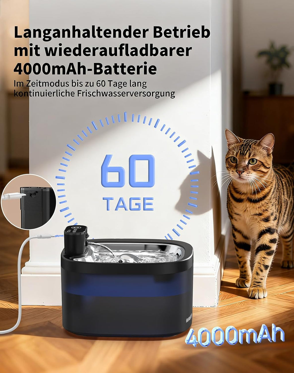 Katzenbrunnen kabellos 118oz/ Drahtlos & Ultra-leise (<25dB) mit Sensor- und