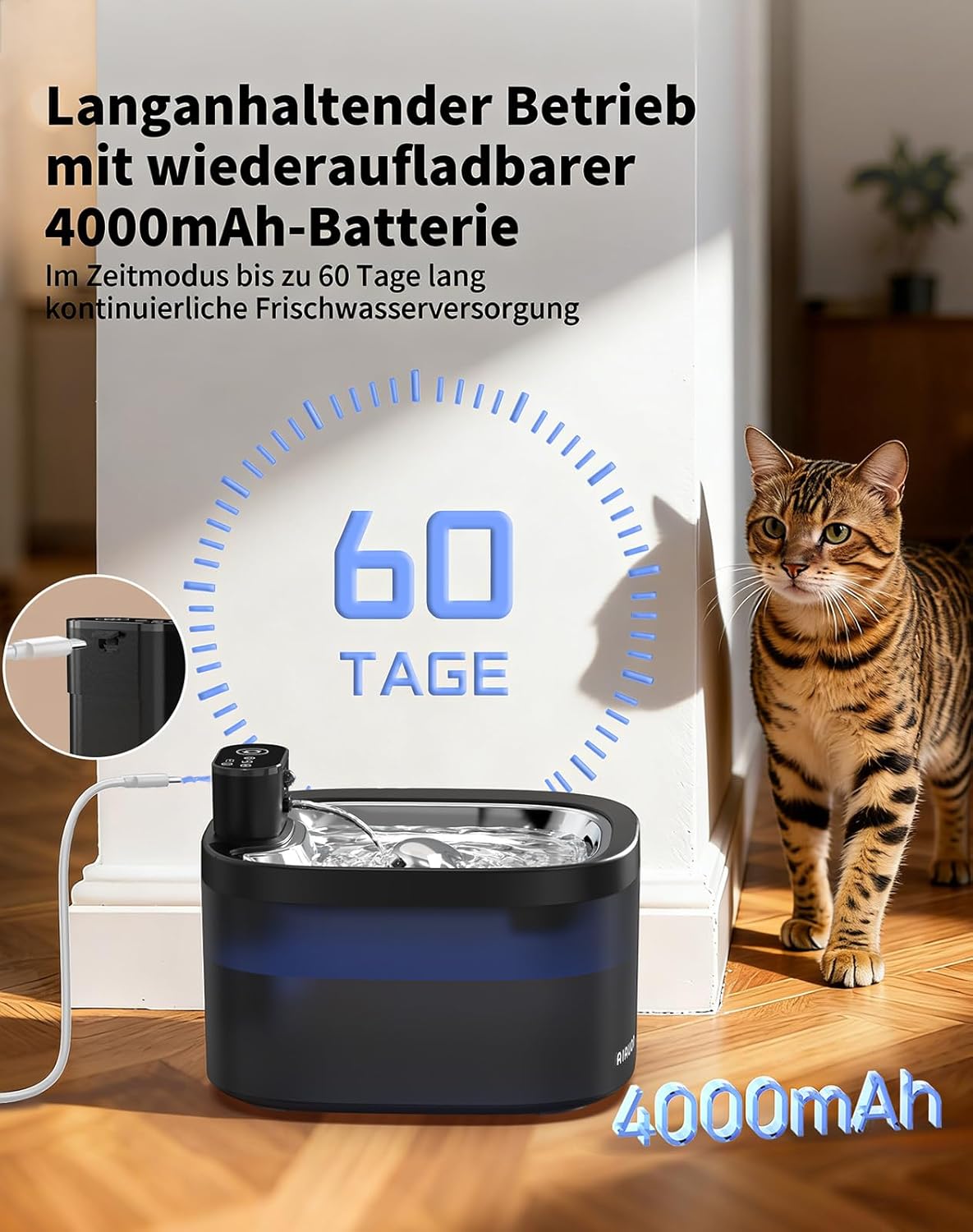 Katzenbrunnen kabellos 118oz/ Drahtlos & Ultra-leise (<25dB) mit Sensor- und