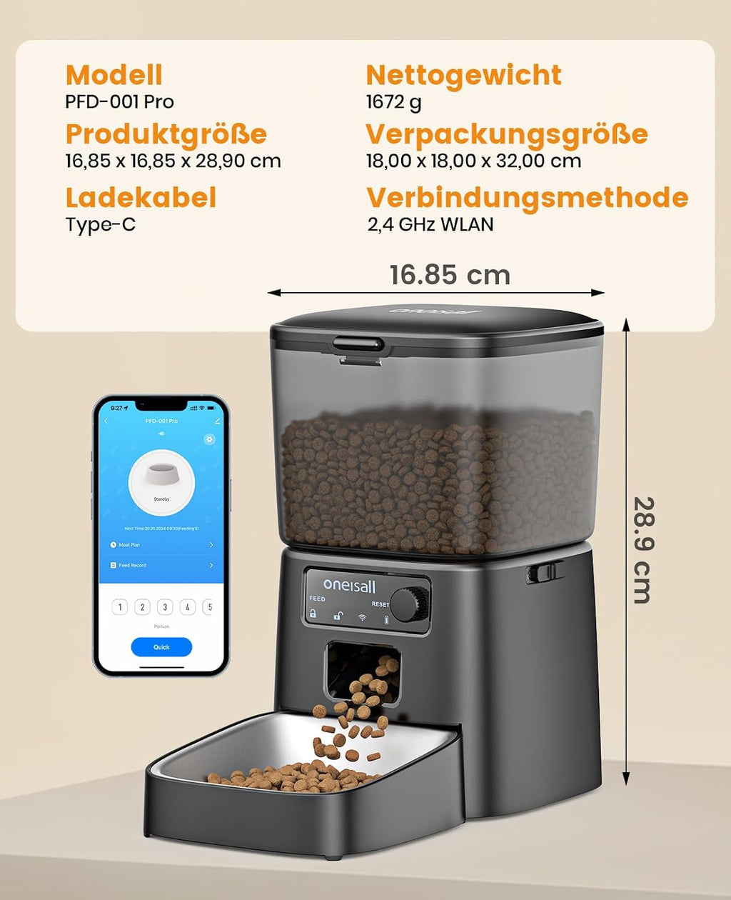 oneisall Futterautomat Katze WiFi App‑Steuerung 1-12 Mahlzeiten Edelstahlnapf