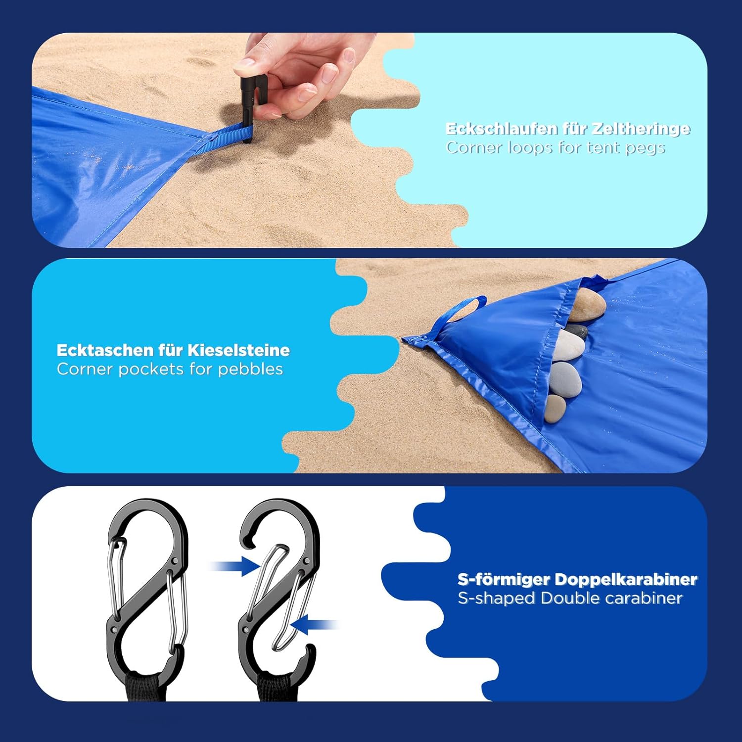 Sandfreie Stranddecke 220x215 cm ultraleicht windfest feuchtigkeitsabweisend Kar