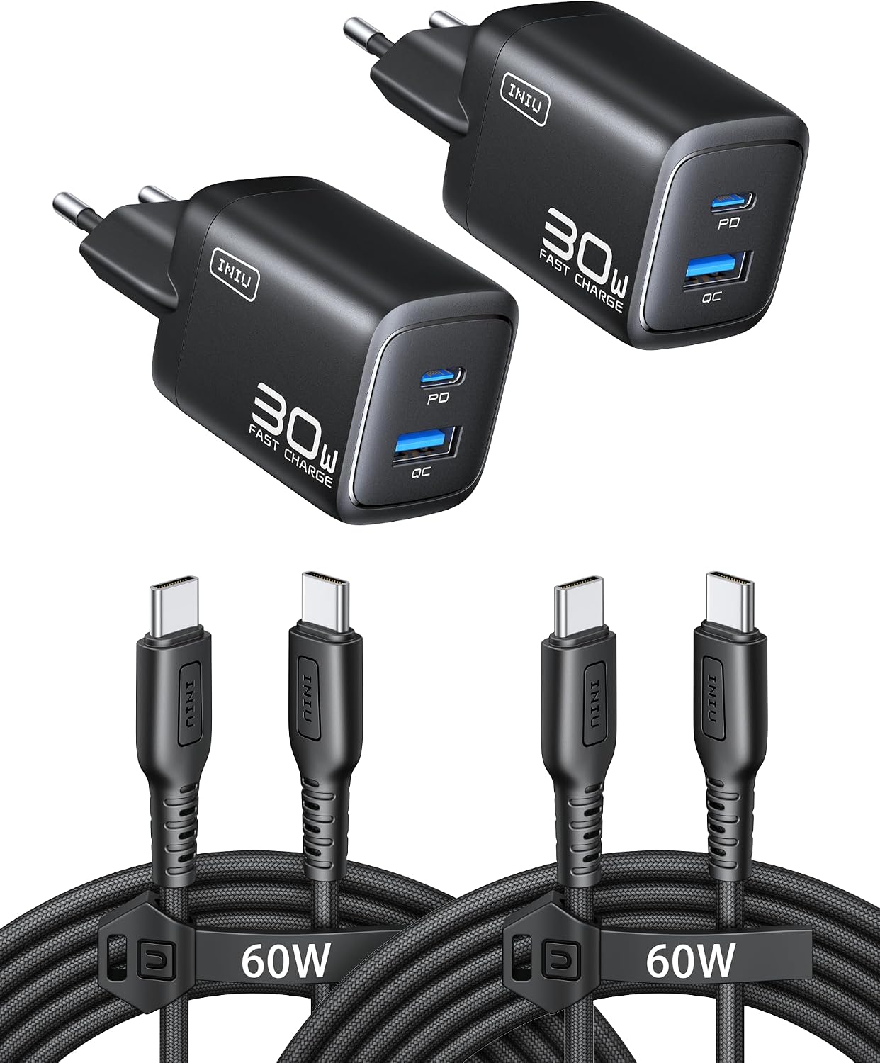 INIU 30W USB-C Netzteil 2er Set mit USB-C und USB-A Kabel, GaN Schnellladegeraet