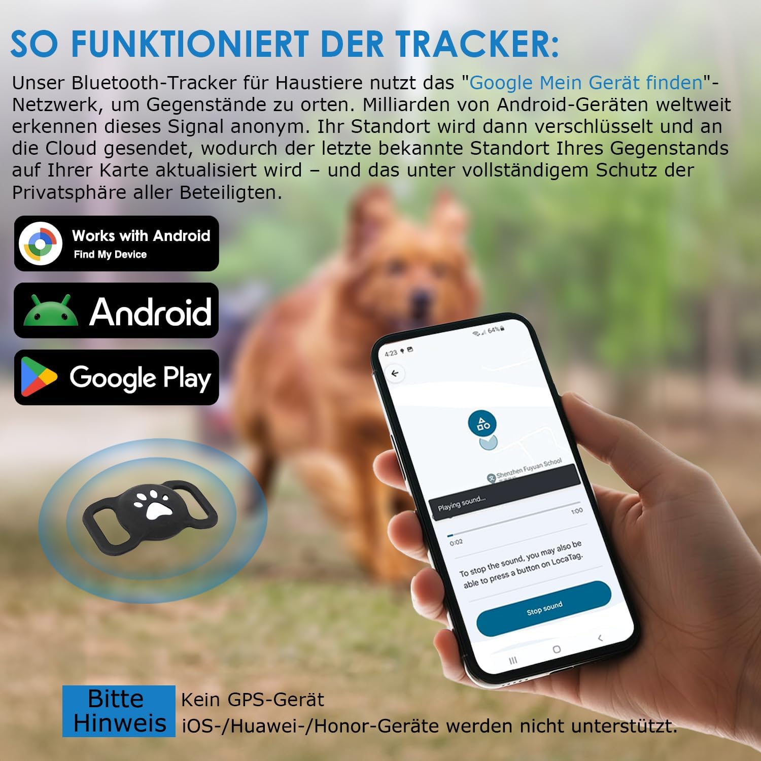 Bluetooth Haustier Tracker mit Halsbandhuelle IP68 wasserdicht fuer Android