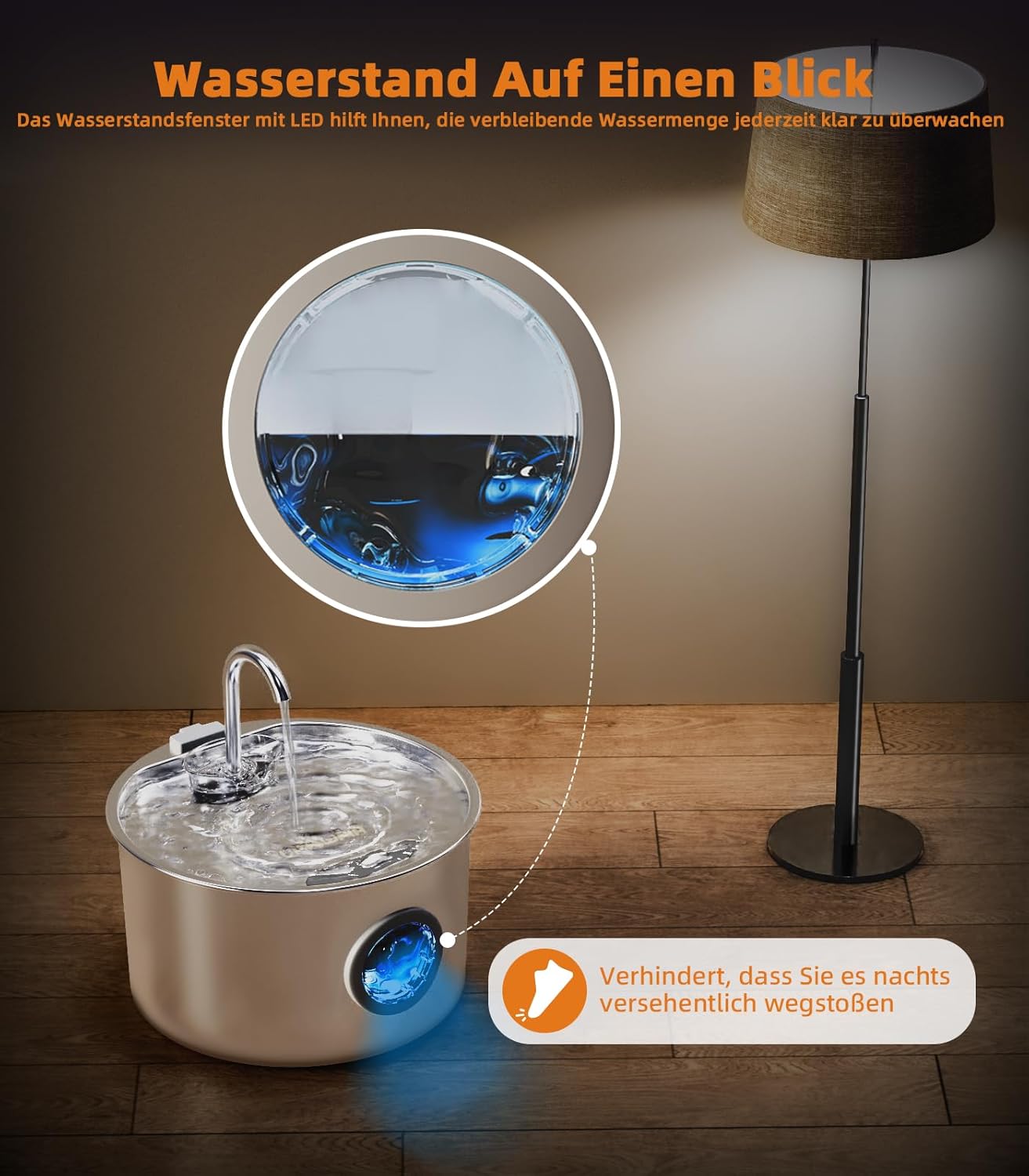 Katzenbrunnen Edelstahl mit Wasserstand, 3 Filter, leise, LED