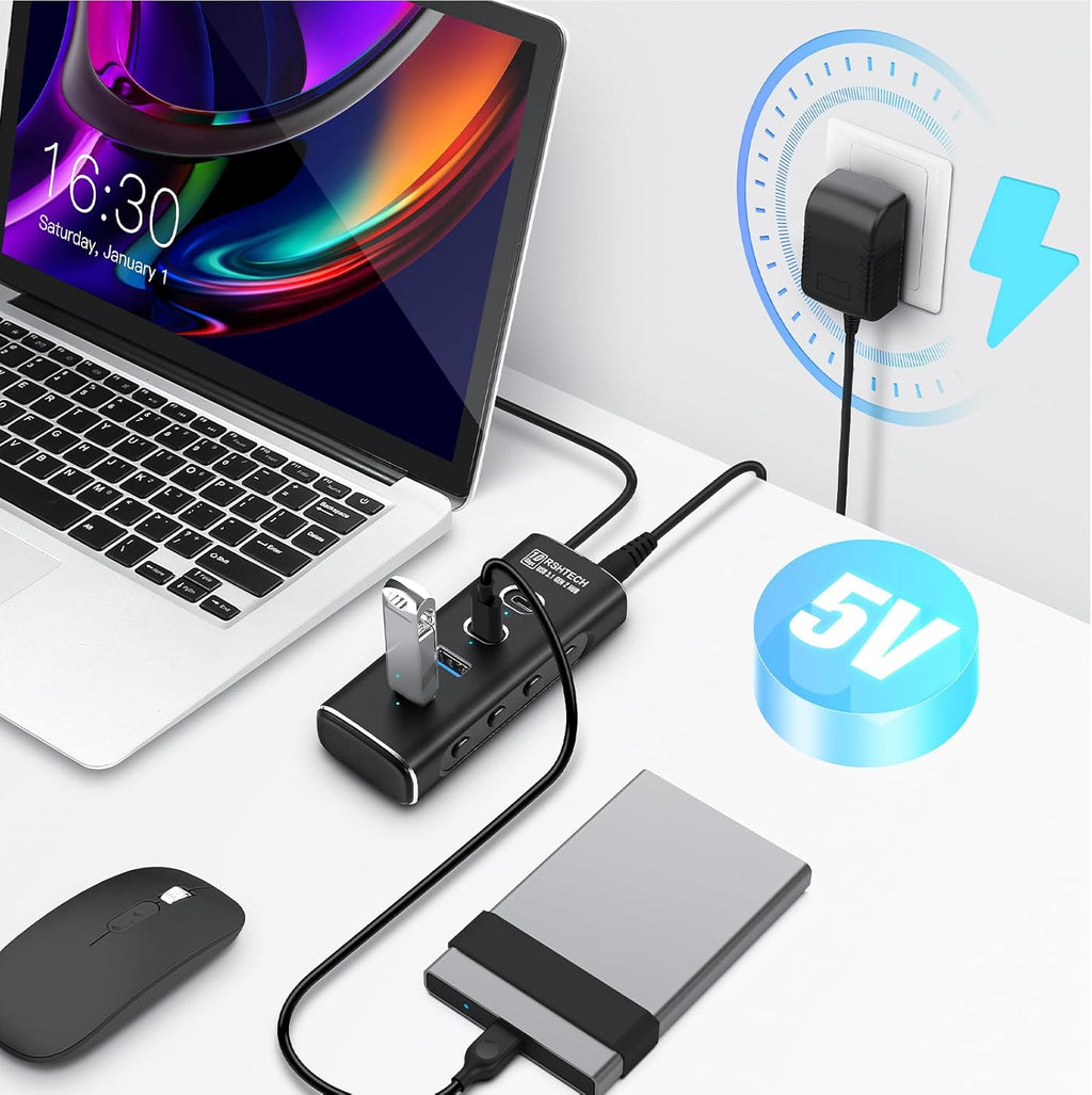 RSHTECH USB‑C Hub 7‑Port 10 Gbps mit Netzteil, USB Splitter Adapter