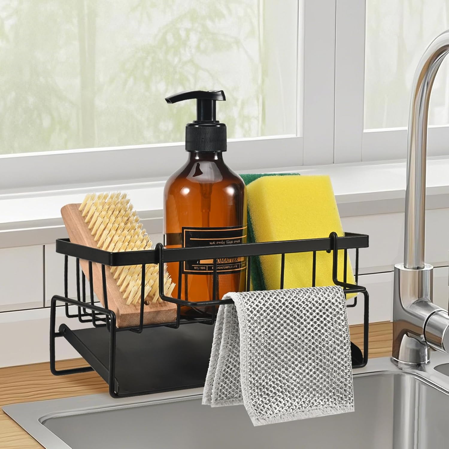 Spuelbecken Organizer Edelstahl mit Abtropfschale Schwarz fuer Schwaemme Handtuecher