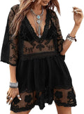 Damen Strandkimono mit Spitze - leichter Bikini-Ueberwurf Tunika Cover Up