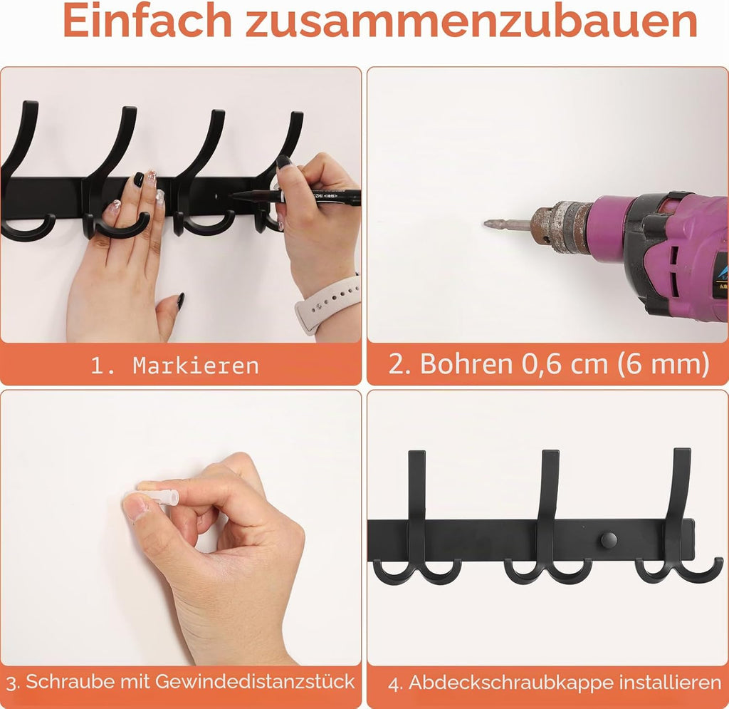Garderobenhaken Wand 2er Set schwarz 15 Haken Hakenleiste Metall