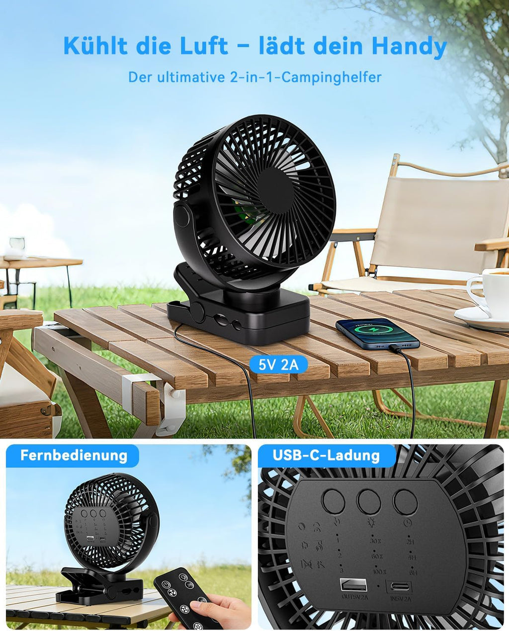 USB Tischventilator mit 12000mAh Akku, Clip, Fernbedienung, Licht, Timer, 360°