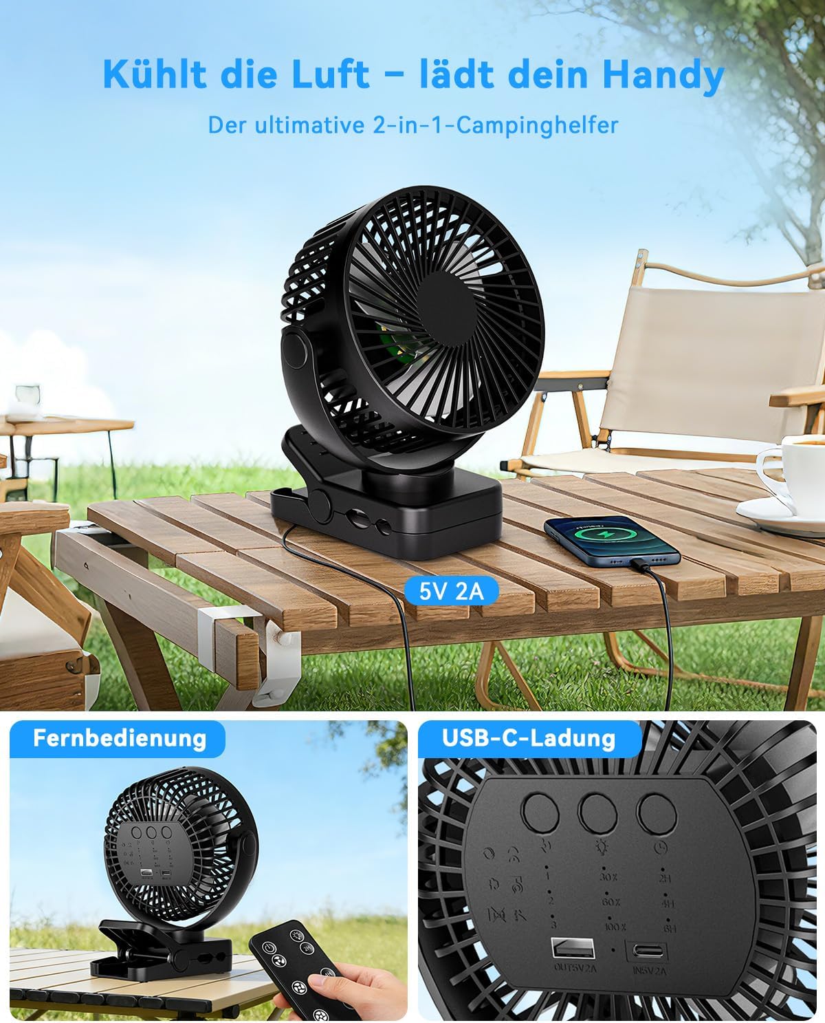 USB Tischventilator mit 12000mAh Akku, Clip, Fernbedienung, Licht, Timer, 360°