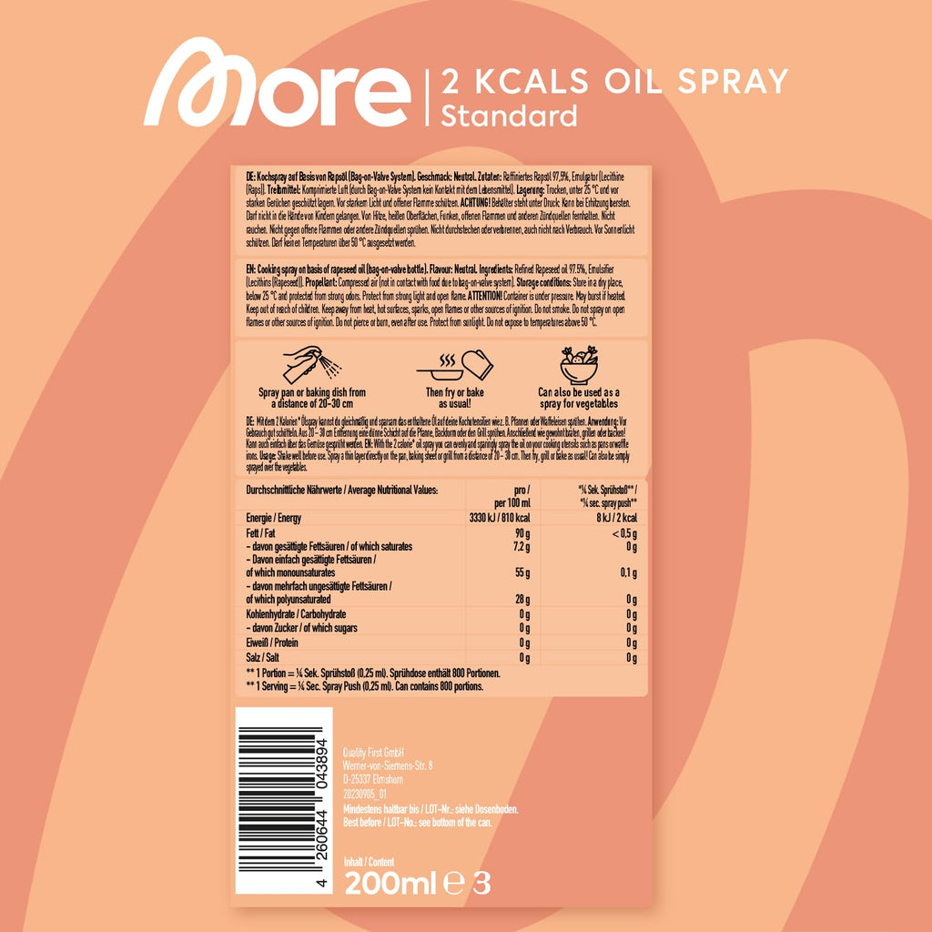 MORE 2 Kalorien Oelspray 800 Spruehstoesse - Pfannen-, Back- und Grill-Spray