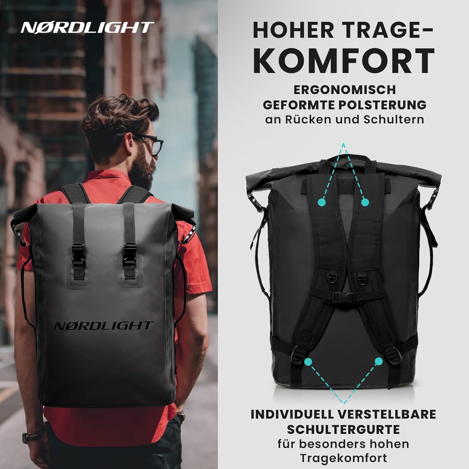 Nordlight Dry Bag wasserdichter Rolltop Rucksack gepolsterte Traeger