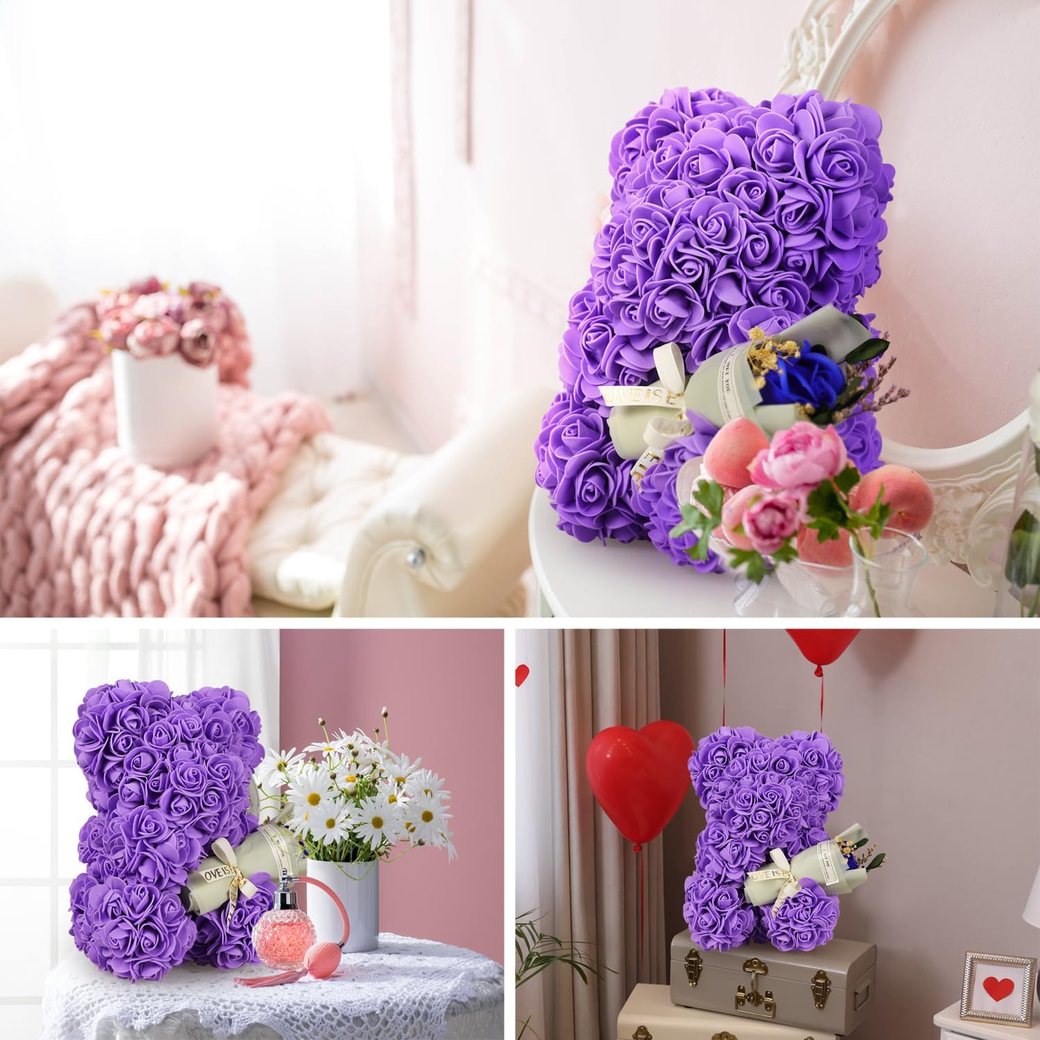 Rosenbaer Teddybaer mit Rosenblueten blau Geschenk fuer Frauen